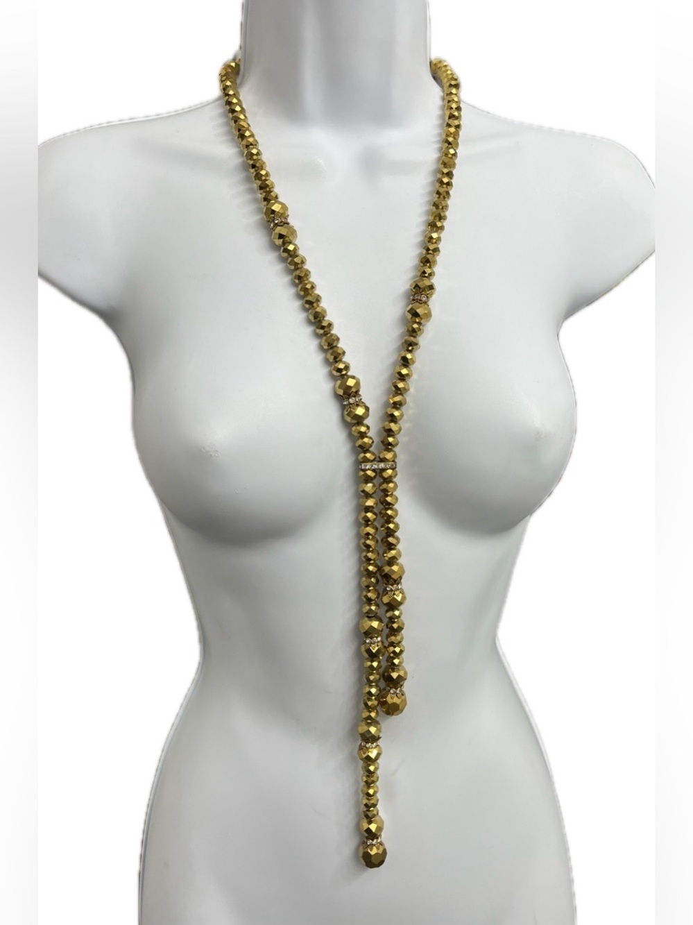Joan Rivers • Metallic Gold Faceted Crystal Bead Lariat Y-Necklace Rhinestones